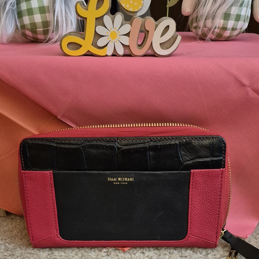 Isaac Mizrahi Red and Black Zip-Around Leather Wallet with Gold Hardware